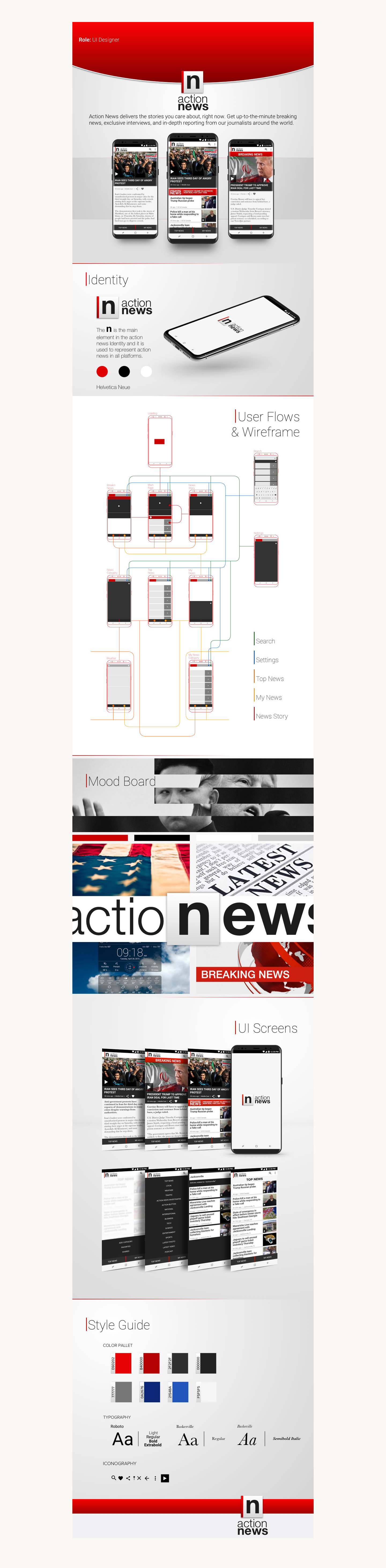 Action News UI concept — identity, user flows, wireframes, mood board, UI screens, and style guide
