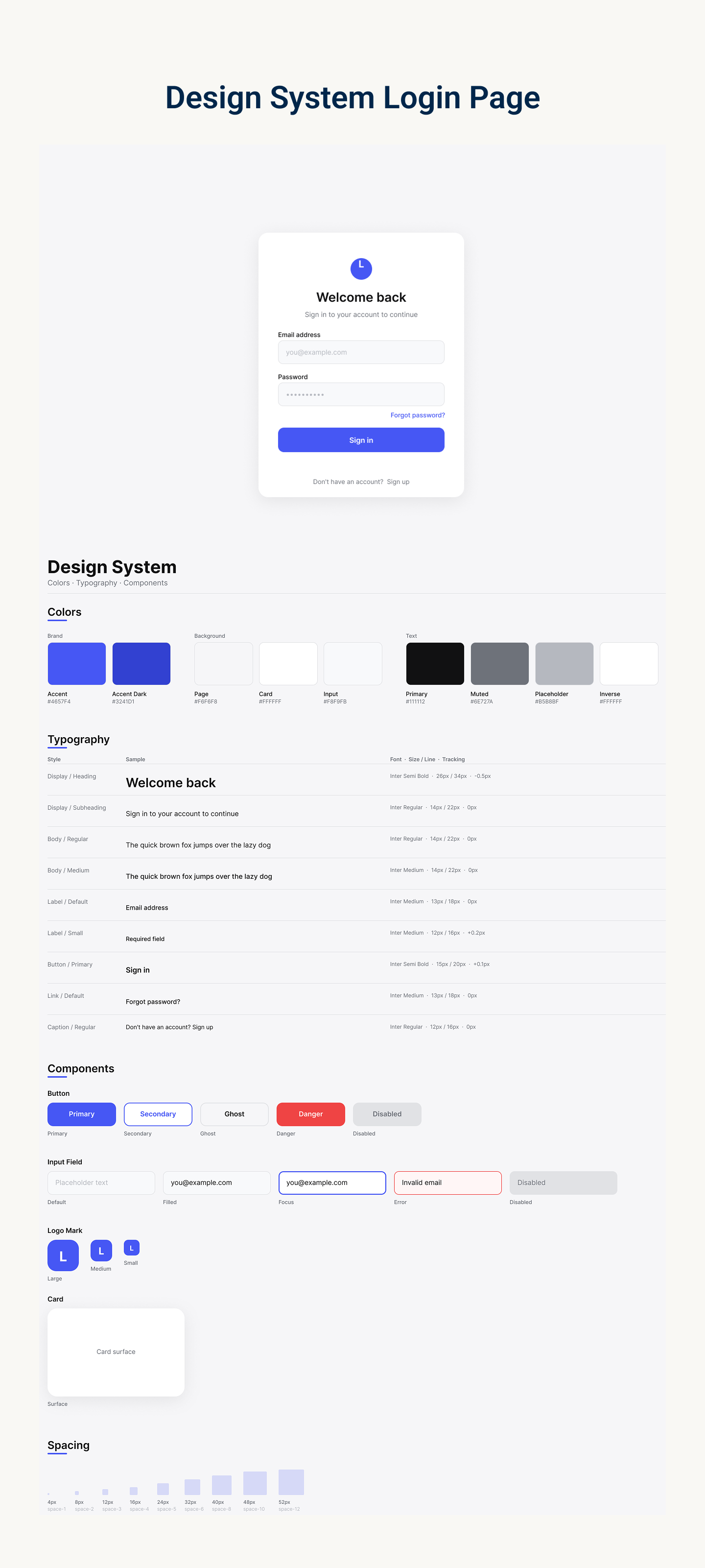 Design System login page with color palette, typography scale, components, and spacing tokens