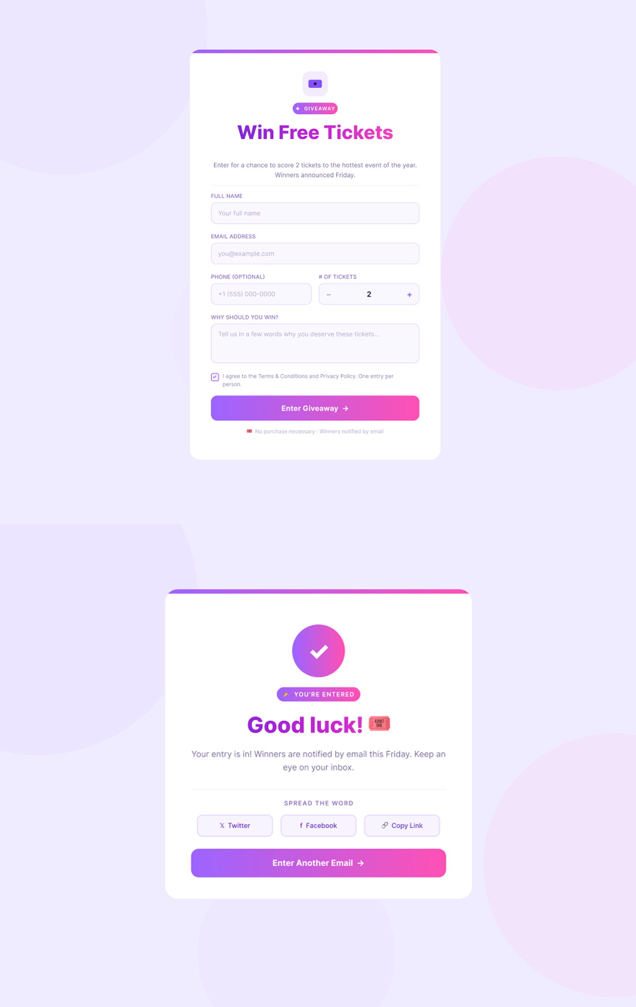 Win Tickets giveaway entry form and its confirmation state
