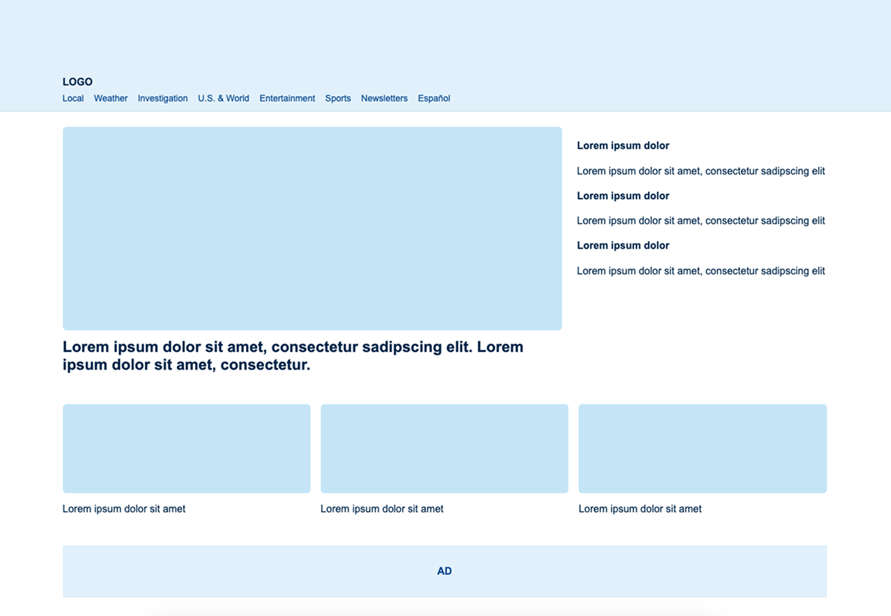 News website homepage wireframe — header navigation, hero story, headlines sidebar, and story grid